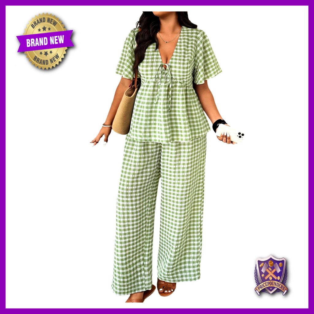 Plus Size Plaid V-Neck Shirt & Wide Leg Pants Vacation Set